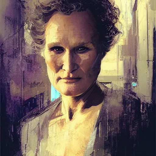 Prompt: glenn close, hyperrealistic portrait, bladerunner street, art of elysium by jeremy mann and alphonse mucha, fantasy art, photo realistic, dynamic lighting, artstation, poster, volumetric lighting, very detailed face, 4 k, award winning