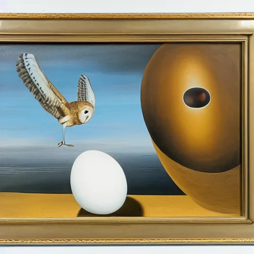 Prompt: A pair of barn owls and a floating egg, oil painting by Salvador Dali