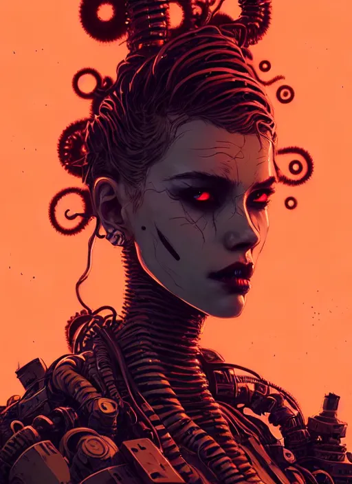 Image similar to highly detailed portrait of wasteland punk long curly fire hair tribal lady, stray wiring by atey ghailan, james gilleard, by joe fenton, by greg rutkowski, by greg tocchini, by kaethe butcher, 4 k resolution, gradient red, orange, black and white color scheme!!! ( ( flaming robotic dystopian city spiral background ) )