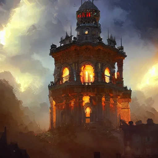 Image similar to torre del oro, atmospheric lighting, intricate, volumetric lighting, beautiful, sharp focus, ultra detailed, in the art style of marc simonetti, bowater charlie and brom gerald, astrophotography