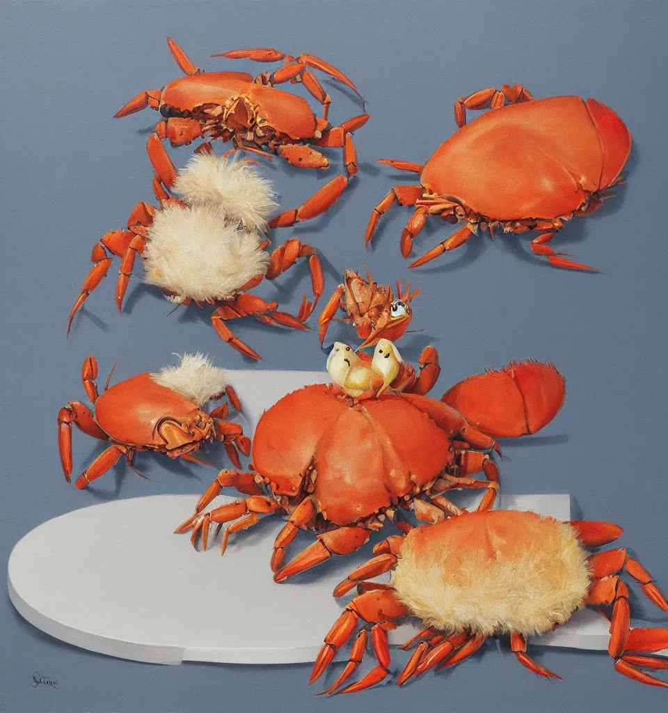 Prompt: still life painting of a fat fish crab lobster dancing with a laughing tall duck rabbit on a white table, high contrast lighting, impressionism, real fur, real feather