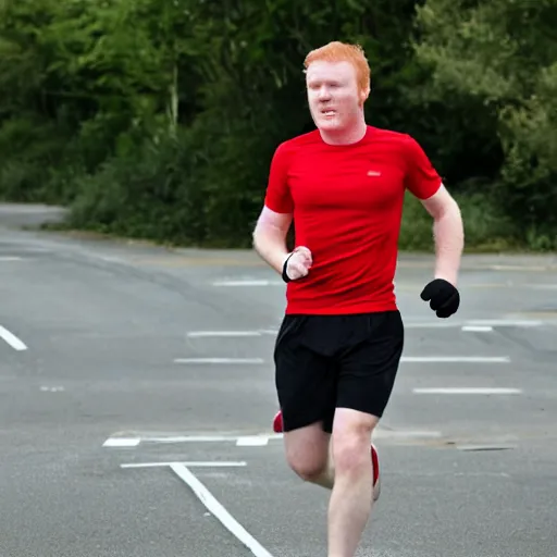 Prompt: photography,. Slightly podgy man, slightly ginger, jogging in black shorts and red t-shirt