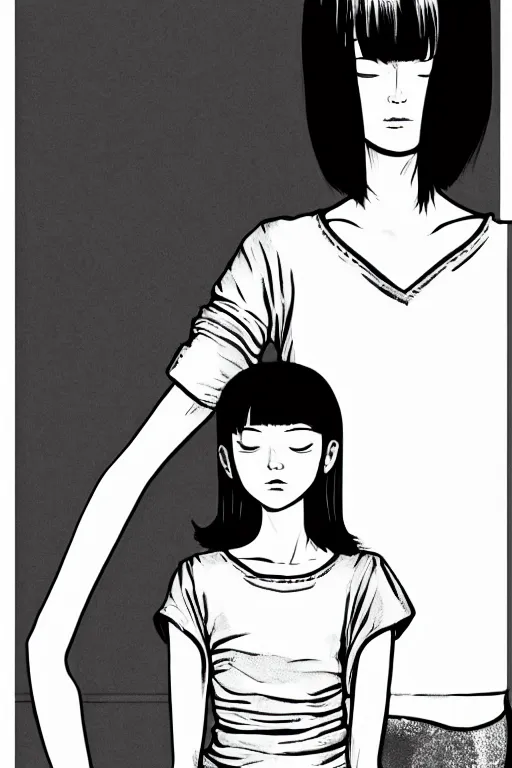 Image similar to portrait of a girl in long pants and a top, hands in pockets, eyes closed, bob haircut, digital art, black and white, illustration by junji ito