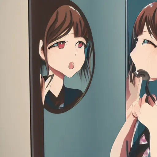 Image similar to an anime girl looking at her reflection in a mirror