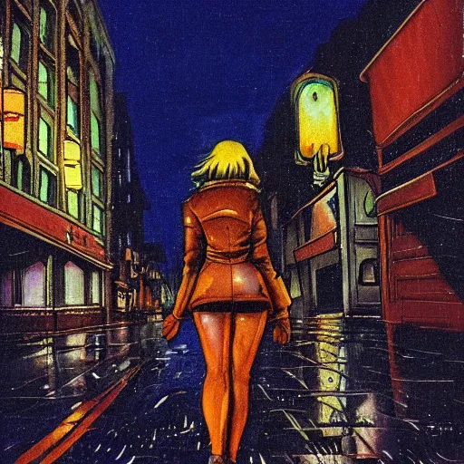 Image similar to girl in leather jacket walking down rainy city street at night, surreal, Ralph Bakshi