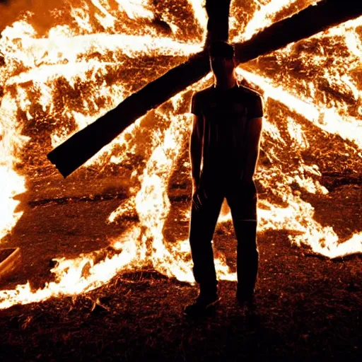 Image similar to robert lewandowski in front of a burning christian cross, night, forest, dark, black