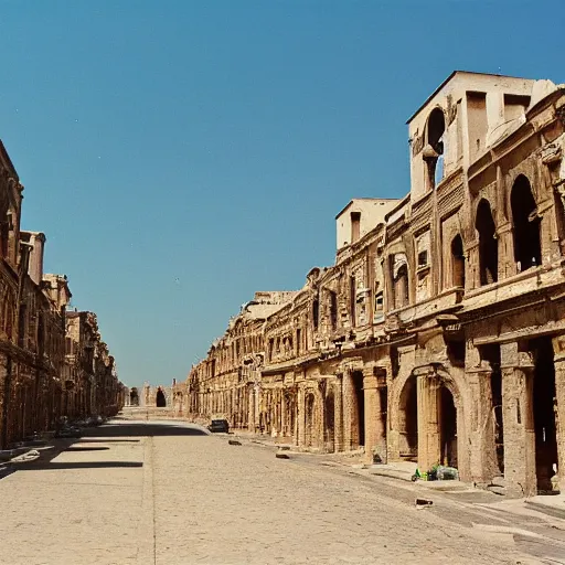 Prompt: photograph of streets surrounded by buildings in an ancient abandoned city with massive monumental ornate buildings made of granite surrounded by a hilly steppe with lush grasslands. the buildings are a mix of byzantine architecture and neoclassical architecture. wide angle 3 5 mm color film photograph.