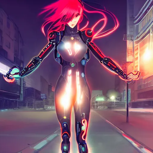 Prompt: digital anime, cyborg - girl standing in the middle of the street bending and refracting light around her, black red long hair!, biomechanical details, neon background lighting, reflections, wlop, ilya kuvshinov, artgerm