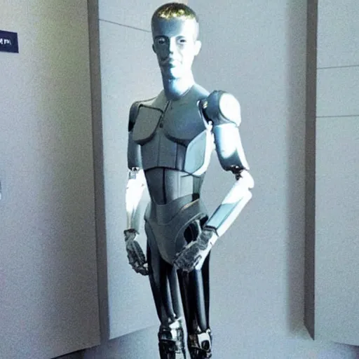 Image similar to “a realistic detailed photo of a guy who is an attractive humanoid who is half robot and half humanoid, who is a male android, actor Grant Gustin, shiny skin, posing like a statue, blank stare, at the museum, on display”