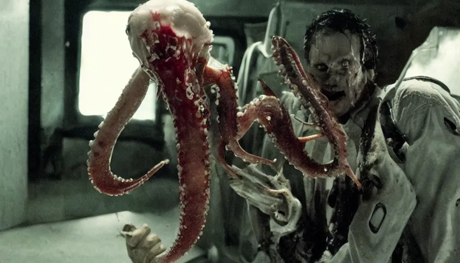 Image similar to Big budget horror movie, a squid bloodily rips off a man's head while a cyborg watches