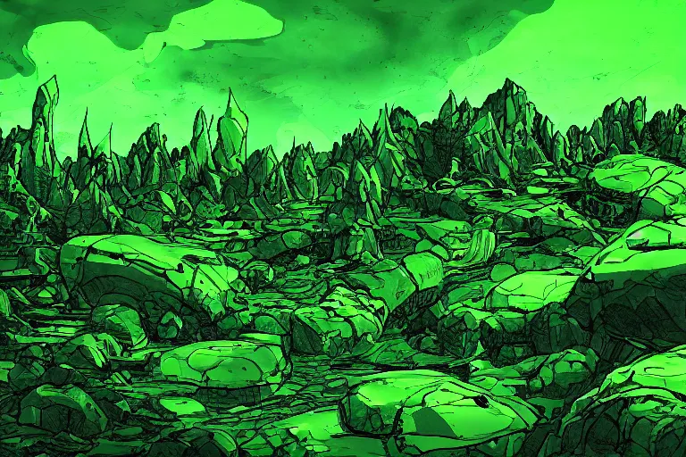 Image similar to glowing green rocks, toxic sludge, like where the hulk would live, landscape, comic book art style, pictures in sequence, storyboarding, speech bubbles, explosions