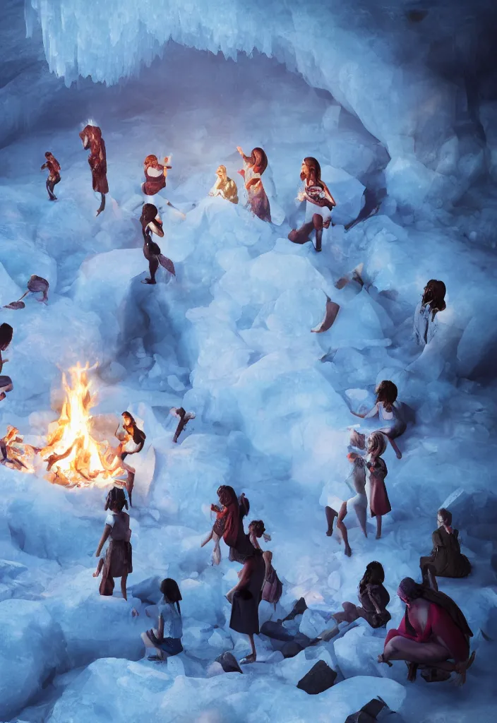 Image similar to epic leader pregnant woman talking to all her tribe around a bonfire, proud people looking at the pregnant woman, ice cave, facinating, fantasy digital art, octane render, beautiful composition, trending on artstation, coherent, masterpiece, photorealistic