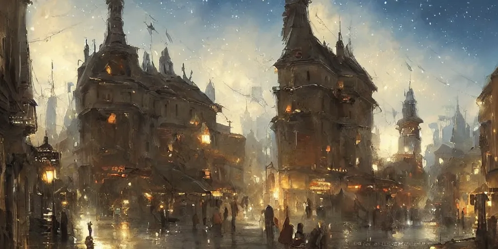 Image similar to stunning landscape painting of an city from 1 7 0 0 with stars in the sky by krenz cushart