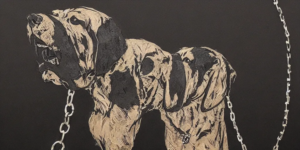 Image similar to mad dog on a chain and gangster around, black paper, collage, acrylic on canvas, expressionism movement, breathtaking detailed, by mike mcquade