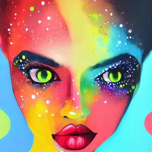 Image similar to beautiful face of girl in style spotty pointism with three eyes, super bright colors, colored spots, mixed liquid acrylic, painting come to life, artstation, ultradetail