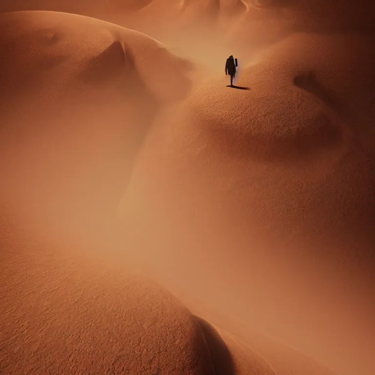 Image similar to singularity, lonely silhouette on a desert planet with three moons, highly detailed rock formations, sand storm, low camera angle, atmospheric establishing shot, cinematic lighting, octane renderer, 4k,