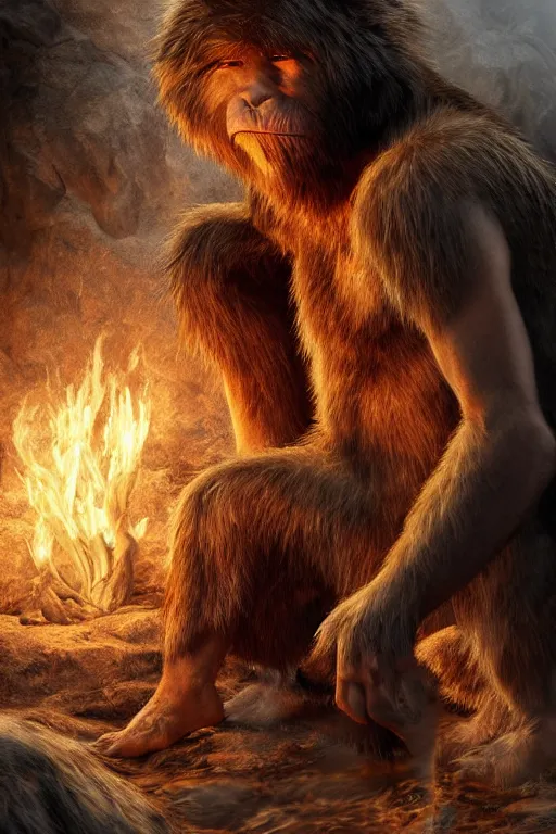 Image similar to caveman discovering fire, artstationhd, trending on artstation, detailed fur, beautiful cinematic, prehistoric, homosapien, paleo art, cave ape, old world human, detailed textures, realistic hair, award winning artwork, fur and skin