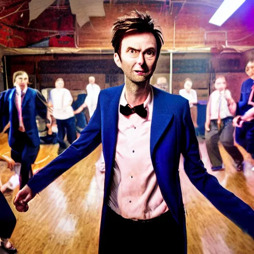 Prompt: closeup promotional image of an David Tennant as (Tenth Doctor Who) at a polka dance-off contest at the YMCA basketball gym, around the gym everyone is cheering, in the background the Tardis door is wide open to the interior, frenetic, quirky, movie still, promotional image, imax, digital art, hyper detailed, sharp focus, f8