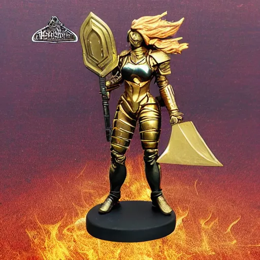 Image similar to 80mm resin detailed miniature of a heavily armored woman, fantasy, Product Introduction, golden armor, wielding a flaming warhammer, 4K