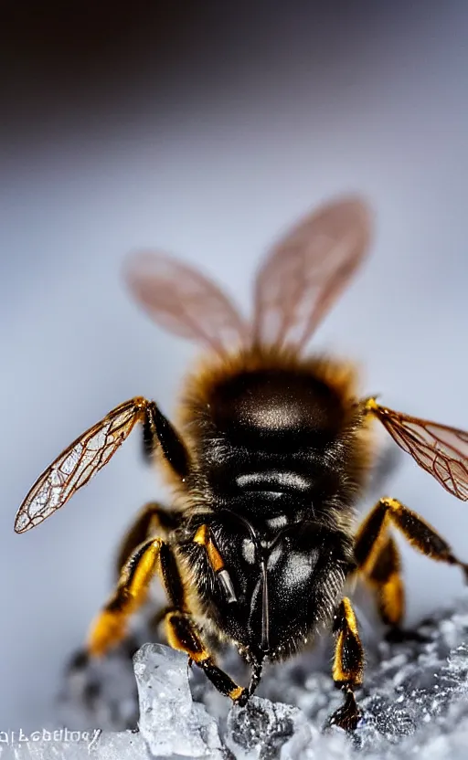 Image similar to the last bee entrapped under a layer of ice, beautiful macro photography, cold ambient light