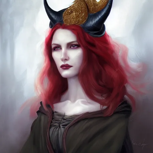 Image similar to a detailed matte head - on portrait painting of an middle - aged tiefling elegant and distinguished noblewoman with golden eyes and short long flowing red hair, by charlie bowater, lise deharme, wlop, tending on arstation, dungeons and dragon, dnd, pathfinder, fanart, oil on canvas