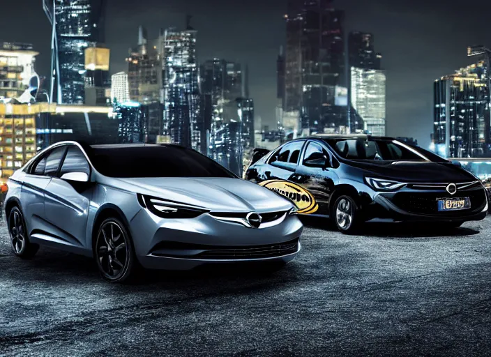 Prompt: batman standing next to 2 0 2 2 opel sedan, vehicle photography