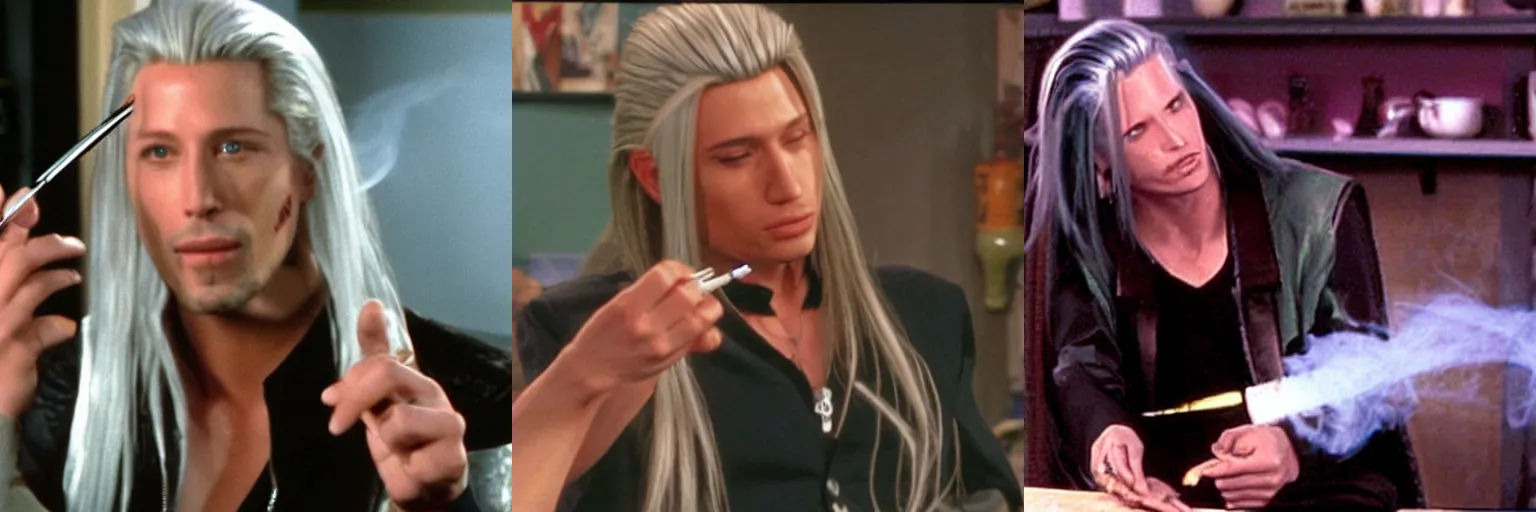 Prompt: Sephiroth smoking a joint in Friends