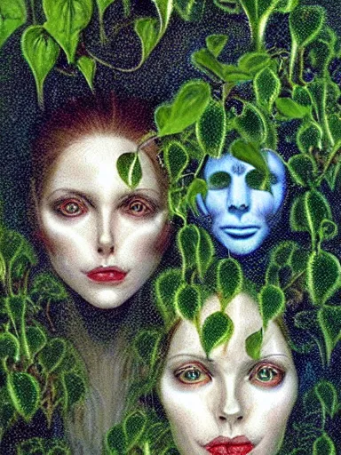Prompt: The Hanging-Gardens of Pareidolia, lobelia, ivy, verbena and pothos growing facial features and optical-illusions!!!!!, aesthetic!!!!!, by Chris Tulloch McCabe in the style of Gerald Brom,