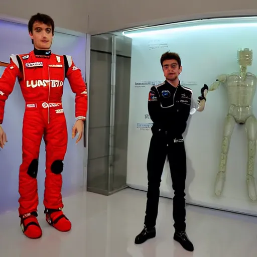 Image similar to f 1 driver charles leclerc, on display, posing like a statue, showing off his muscles, humanoid robot, who is a male android, shiny skin, made of ice, frozen ice statue, by the pool, a realistic detailed photo of a guy who is an attractive humanoid who is half robot and half humanoid, blank stare