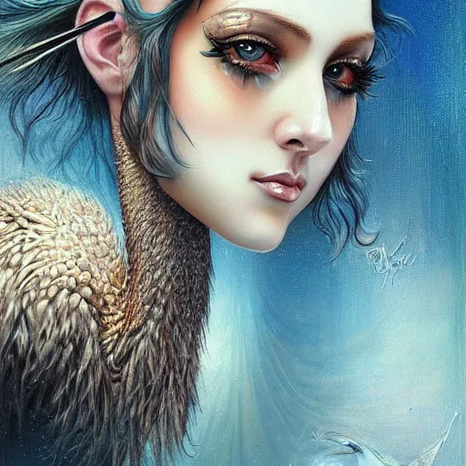 Image similar to a beautiful ostrich manipulating water by karol bak, ayami kojima, artgerm, river, water, blue eyes, smile, concept art, fantasy