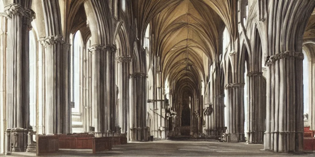 Image similar to a painting of the interior of Kirkwall cathedral, orkney islands, tall columns, bright white morning light casts shadows, architectural, by Pieter Saenredam