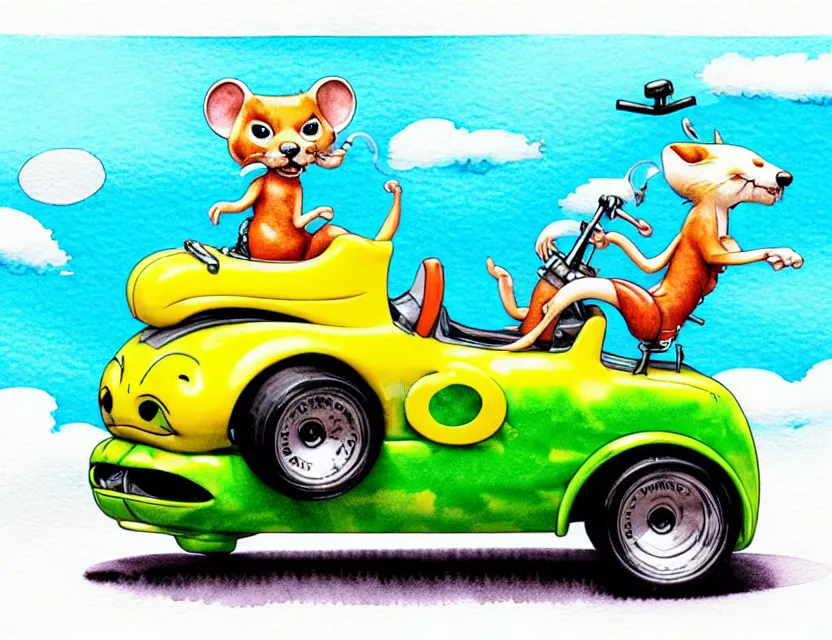 Image similar to cute and funny, weasel riding in a tiny hot rod with oversized engine, ratfink style by ed roth, centered award winning watercolor pen illustration, isometric illustration by chihiro iwasaki, edited by range murata, tiny details by artgerm and watercolor girl, symmetrically isometrically centered