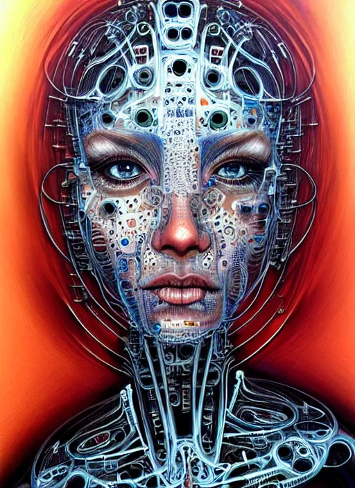 Image similar to biopunk cyborg portrait by julie bell, intricate biopunk patterns, detailed!, very sharp!!!