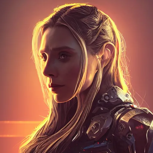 Image similar to elizabeth olsen portrait, dystopia core, apocalyptic, armor, warrior, dramatic, sharp focus, fiction, neon, fantasy, hyper detailed, digital art, trending in artstation, cinematic lighting, studio quality, smooth render, unreal engine 5 rendered, octane rendered, art style and nixeu and wlop and krenz cushart