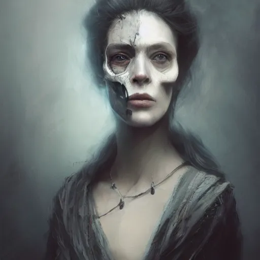 Prompt: an portrait of an woman with a skull face, Matte painting , detailed painting, made by Greg Rutkowski, 4k, atmospheric