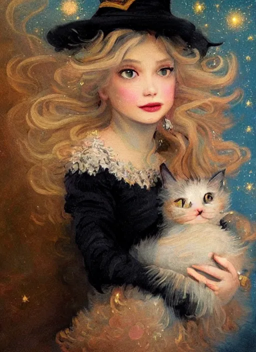 Prompt: cute little witch in an oil painting by jean - honore fragonard, portrait, realistic hair, intricate details, beautiful face, starry background, sparkles, glitter, a black cat epic lighting, soft vibes, cinematic, realistic, detailed