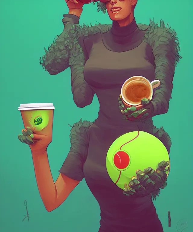 Image similar to a portrait of a tennis ball monster holding a coffee, fantasy, elegant, digital painting, artstation, concept art, matte, sharp focus, illustration, art by josan gonzalez