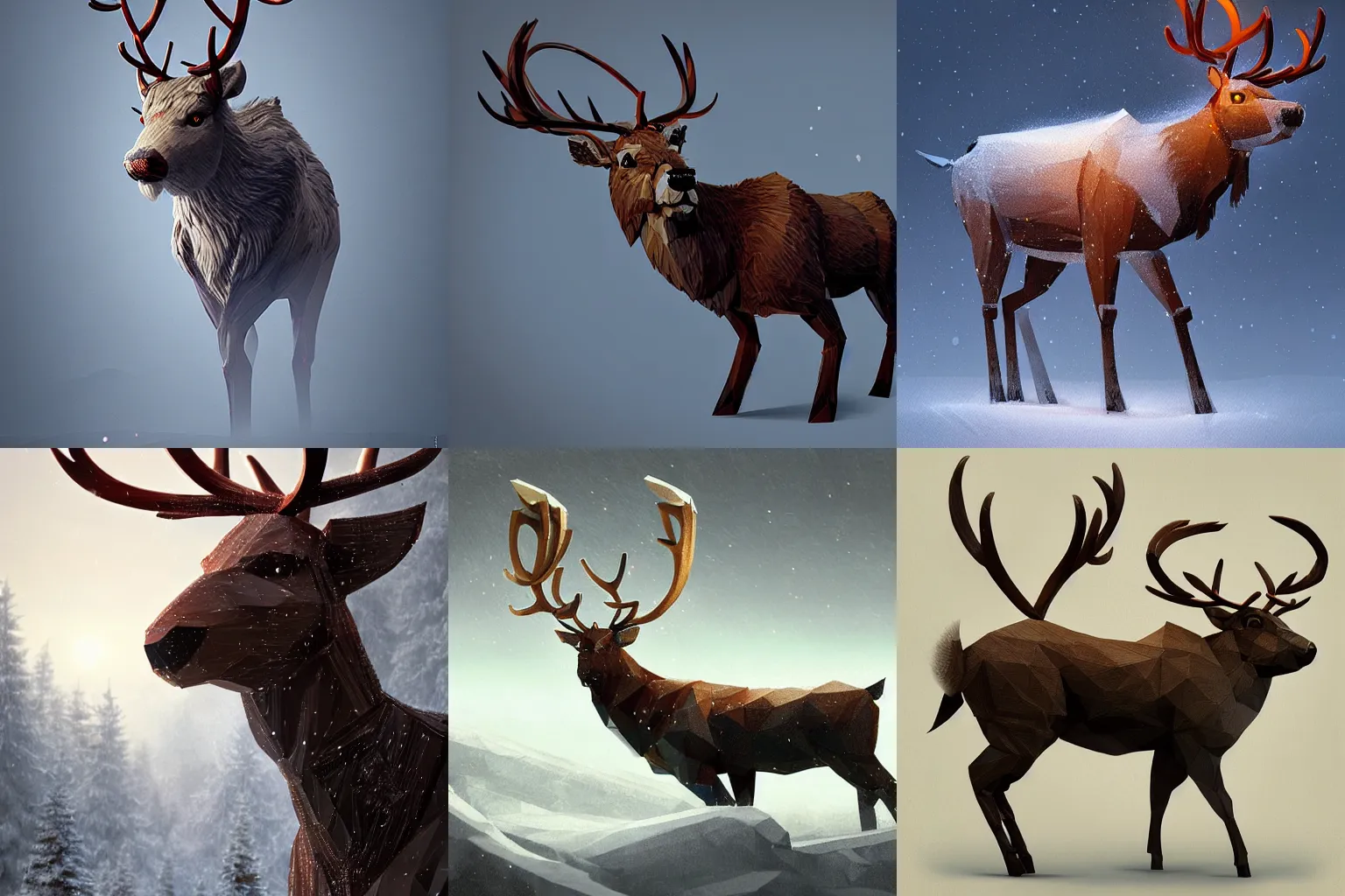 Prompt: detailed swedish reindeer made from lowpoly boxes wood, concept art, sinematic light, illustration, epic, artstation, cgsociety, by greg rutkowski, by craig mullins