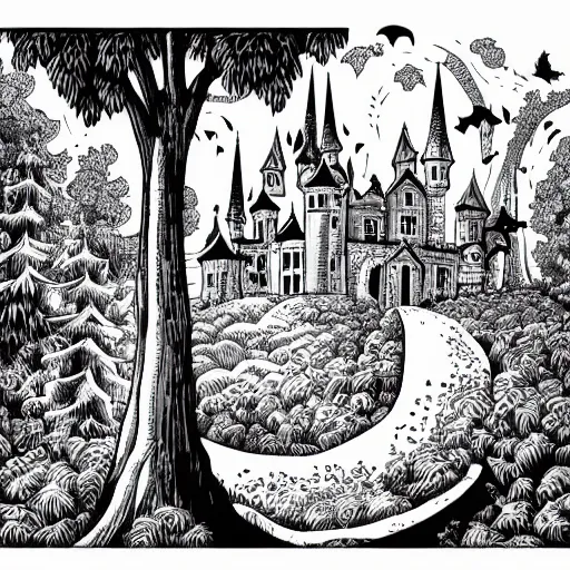 Prompt: mcbess illustration of a haunted castle in the woods, set an the end of a winding road