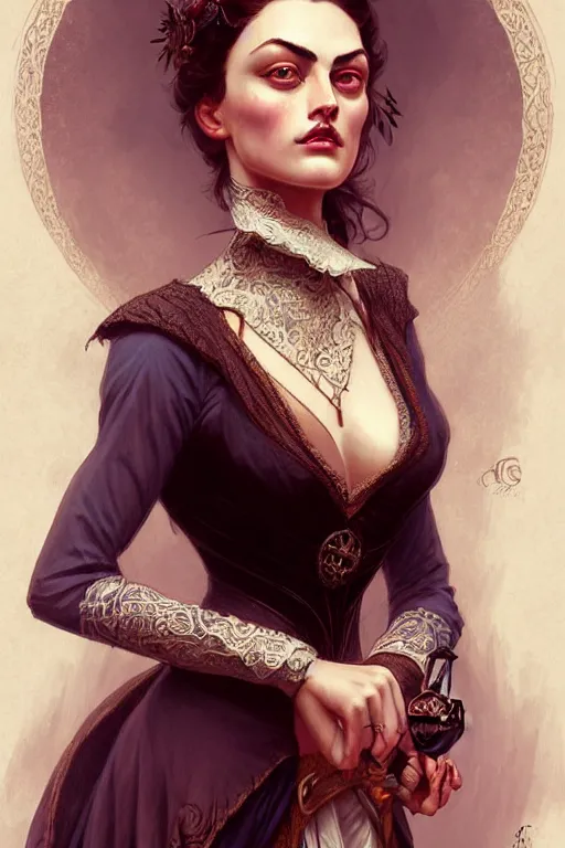 Image similar to Phoebe Tonkin dressed in Victorian fashion, D&D, fantasy, intricate, elegant, highly detailed, digital painting, artstation, concept art, matte, sharp focus, illustration, art by Artgerm and Greg Rutkowski and Alphonse Mucha