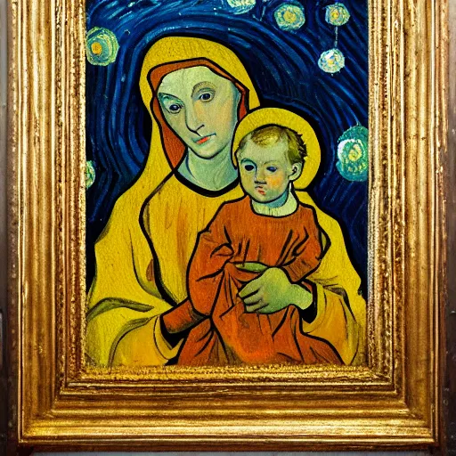 Prompt: the madonna of the goldfish, oil painting by van gogh,