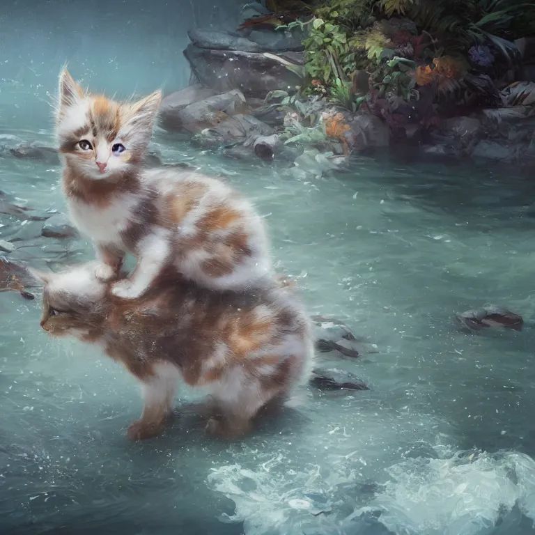 Image similar to a painting of a cute kitten at a river. character design by cory loftis, fenghua zhong, ryohei hase, ismail inceoglu and ruan jia. volumetric light, detailed, rendered in octane