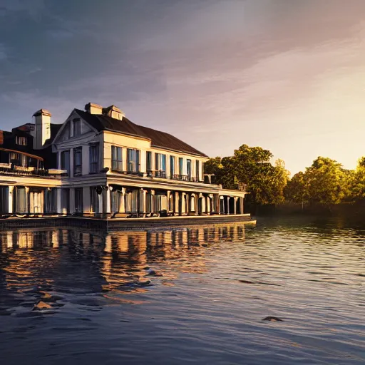 Prompt: a modern country house on the lake, golden hour, spotlight, backlight, sunlight, volumetric light, ray tracing reflections, insanely detailed and intricate, hypermaximalist, elegant, ornate, hyper realistic, super detailed