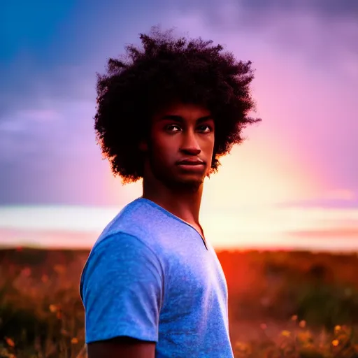 Prompt: dark skin man with curly hair, standing alone in nature, sunset, backlit, contemplative, dreamy, pastel colors, youthful, fairylike