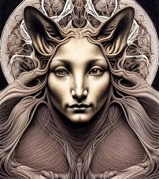 Image similar to detailed realistic beautiful coyote goddess face portrait by jean delville, gustave dore, iris van herpen and marco mazzoni, art forms of nature by ernst haeckel, art nouveau, symbolist, visionary, gothic, neo - gothic, pre - raphaelite, fractal lace, intricate alien botanicals, ai biodiversity, surreality, hyperdetailed ultrasharp octane render