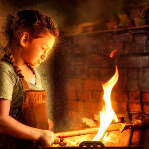 Image similar to the blacksmits’ daughter working in the forge, a smile at her face, dramatic light, fire, fantasy art in the style of Lilia Alvarado,