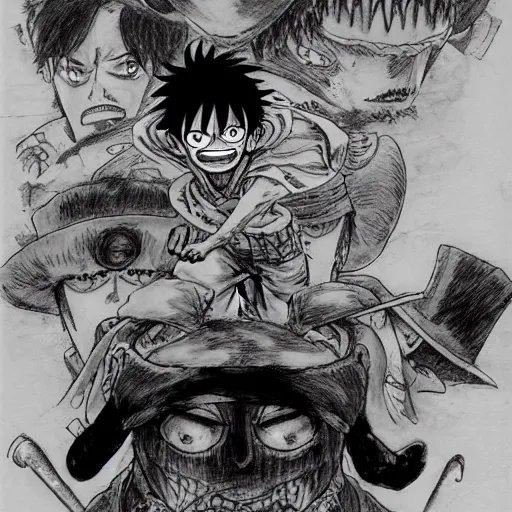 Image similar to [ luffy mustache ] ( by kim jung gi ) ( by george morikawa ) ( by kentaro miura ) ( by eiichiro oda )