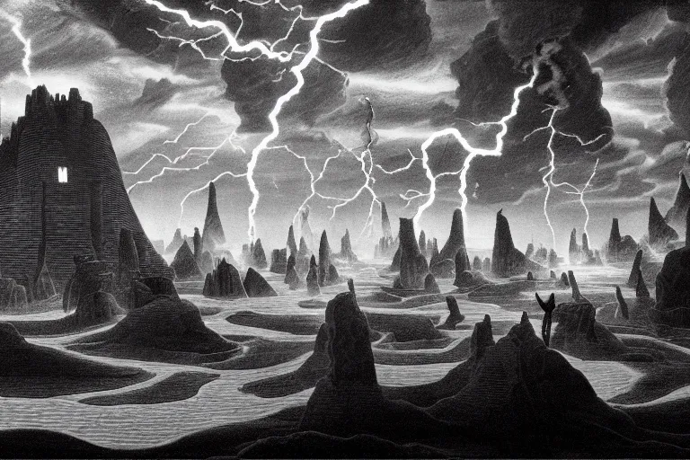 Image similar to Thy thunder, conscious of the new command, rumbles reluctant o'er our fallen house; and thy sharp lightning in unpractised hands scorches and burns our once serene domain, postmodern surrealist hand drawn matte painting 4k by Lynd Ward, smooth, sharp focus, extremely detailed, dramatic cinematic lighting.