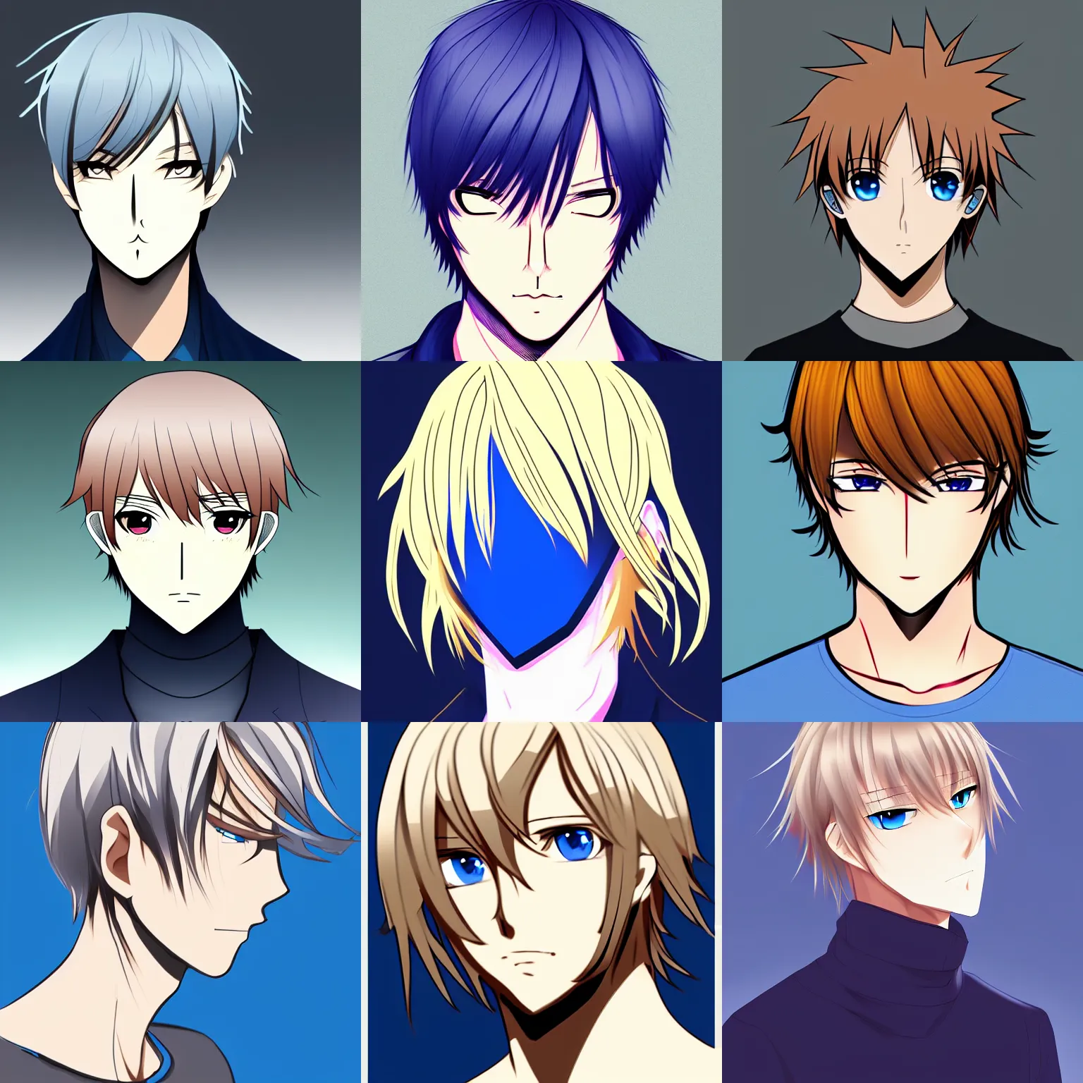 Prompt: dark blonde anime guy with blue eyes, profile picture, smooth lines, digital art, japan