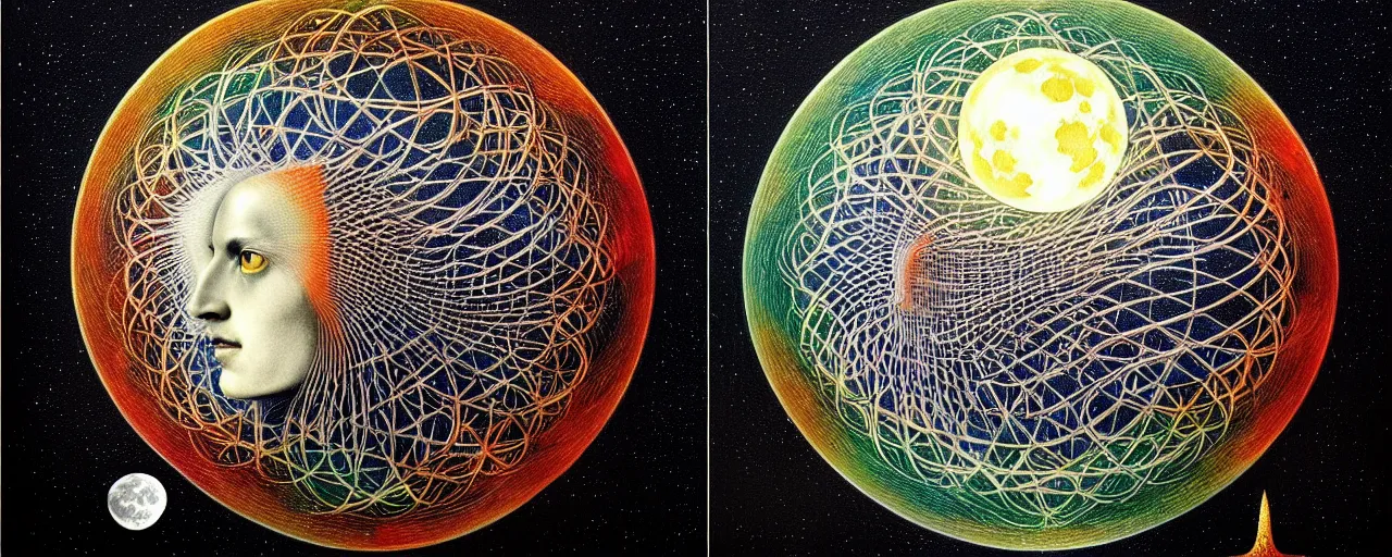 Image similar to a strange beautiful creature from bifrost radiates a unique canto'as above so below'to the moon, while being ignited by the spirit of haeckel and robert fludd, breakthrough is iminent, glory be to the magic within, in honor of saturn, painted by ronny khalil